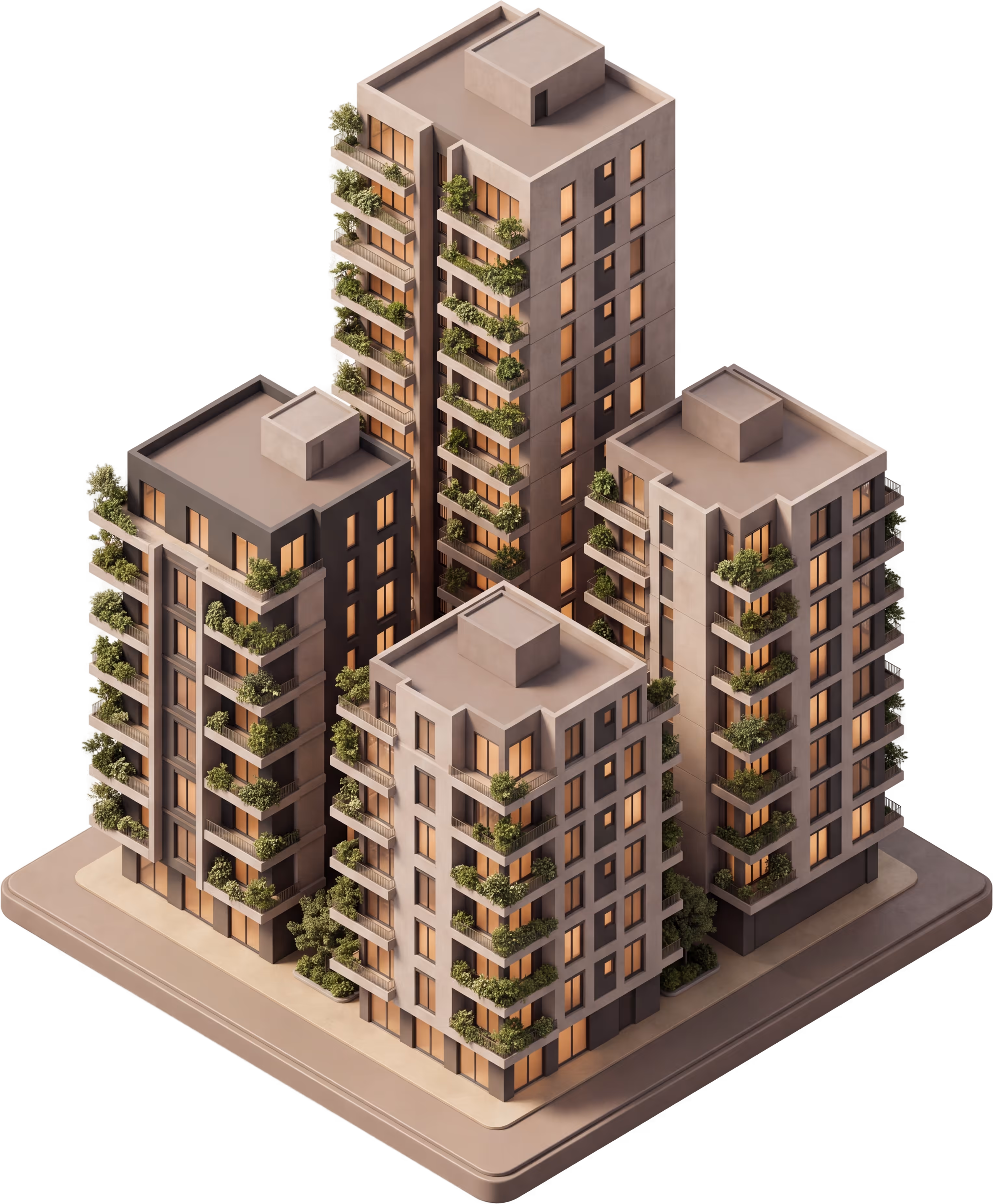 Isometric 3D model of a portfolio of residential community buildings managed by a community association management company