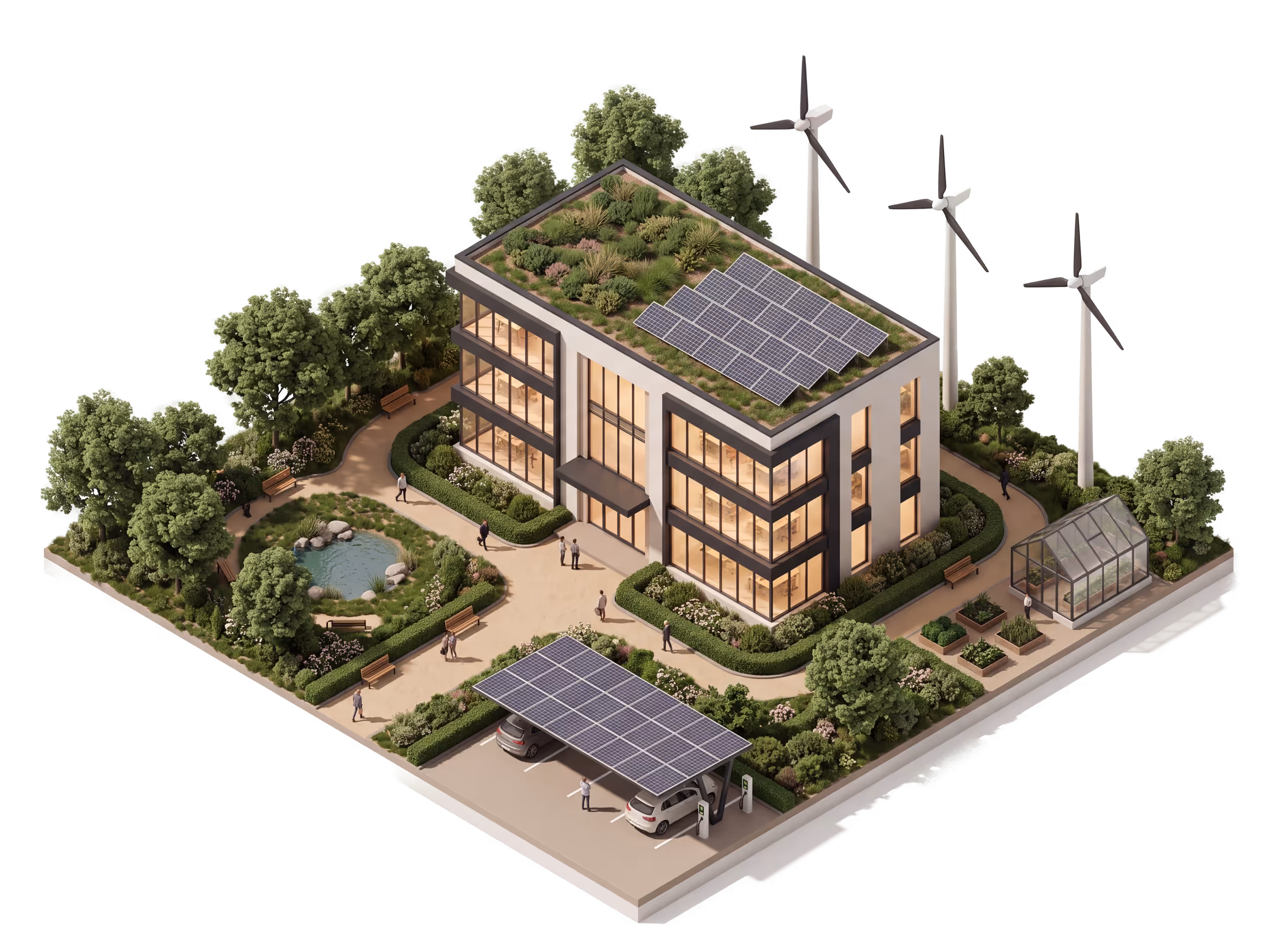 Isometric illustration of a sustainable eco business campus: a green-roofed office with solar panels, wind turbines, a landscaped park, EV-charging solar carport, and a greenhouse