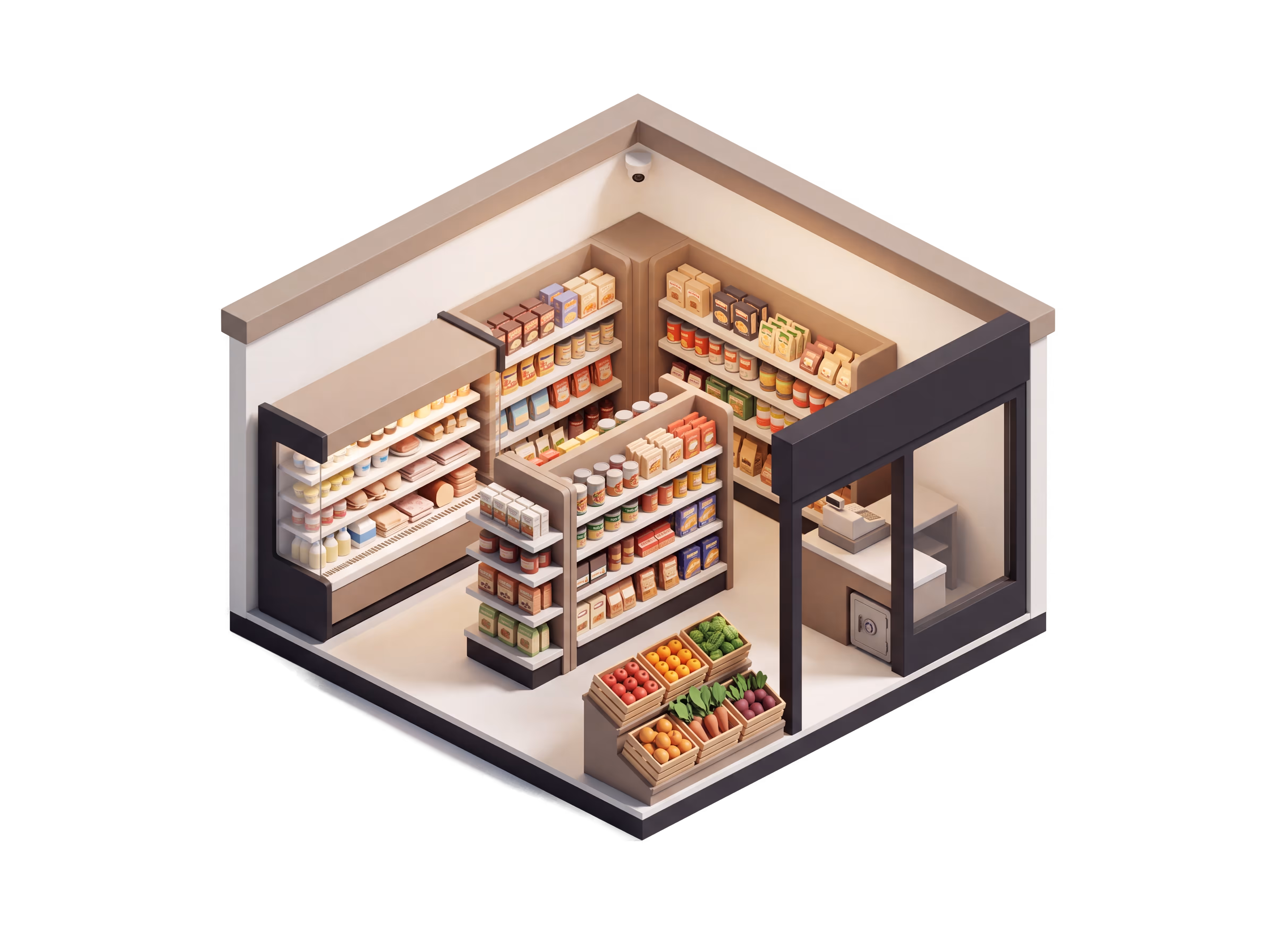 Isometric illustration for Small Grocery insurance