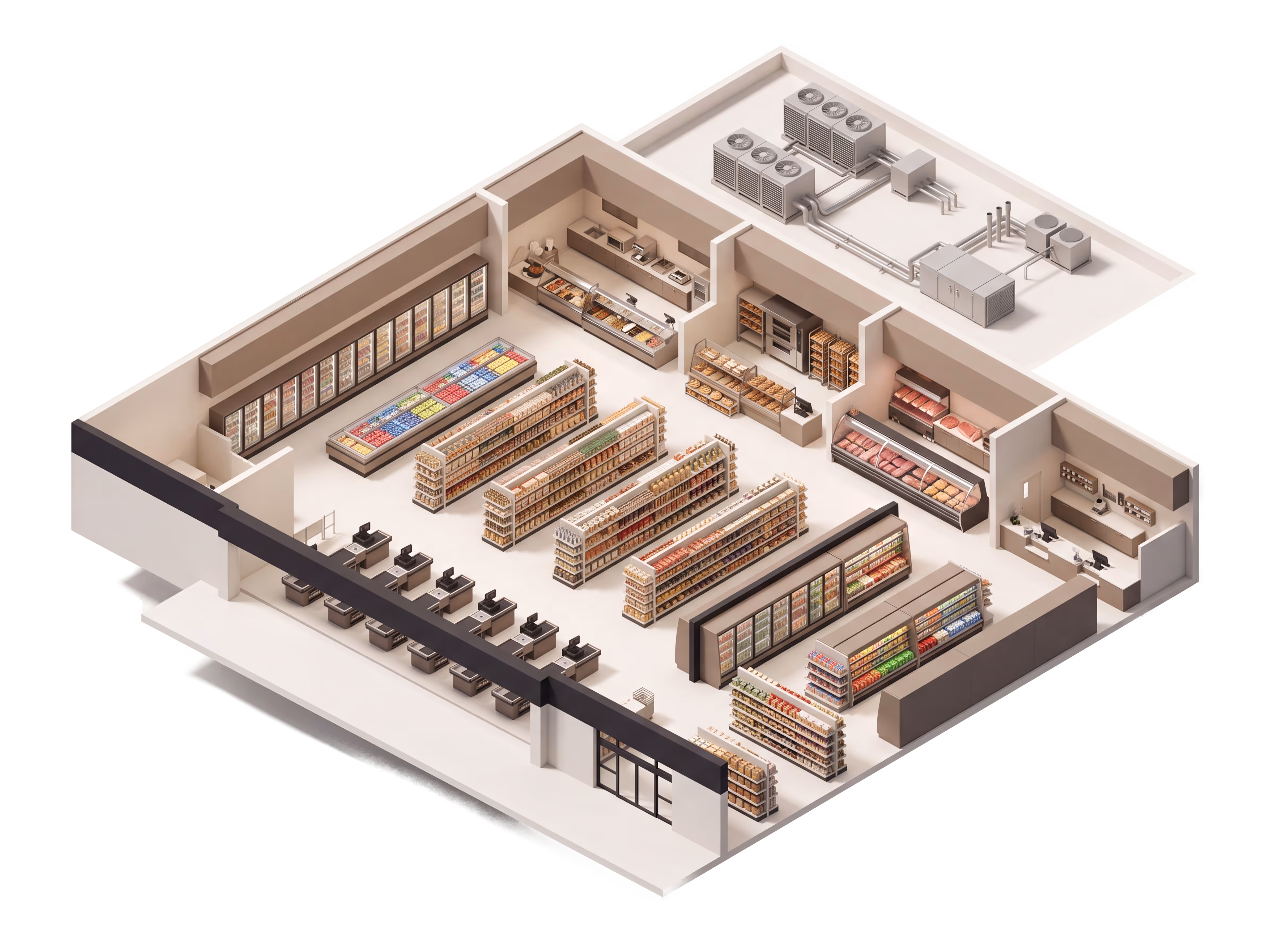 Isometric illustration for Supermarket insurance