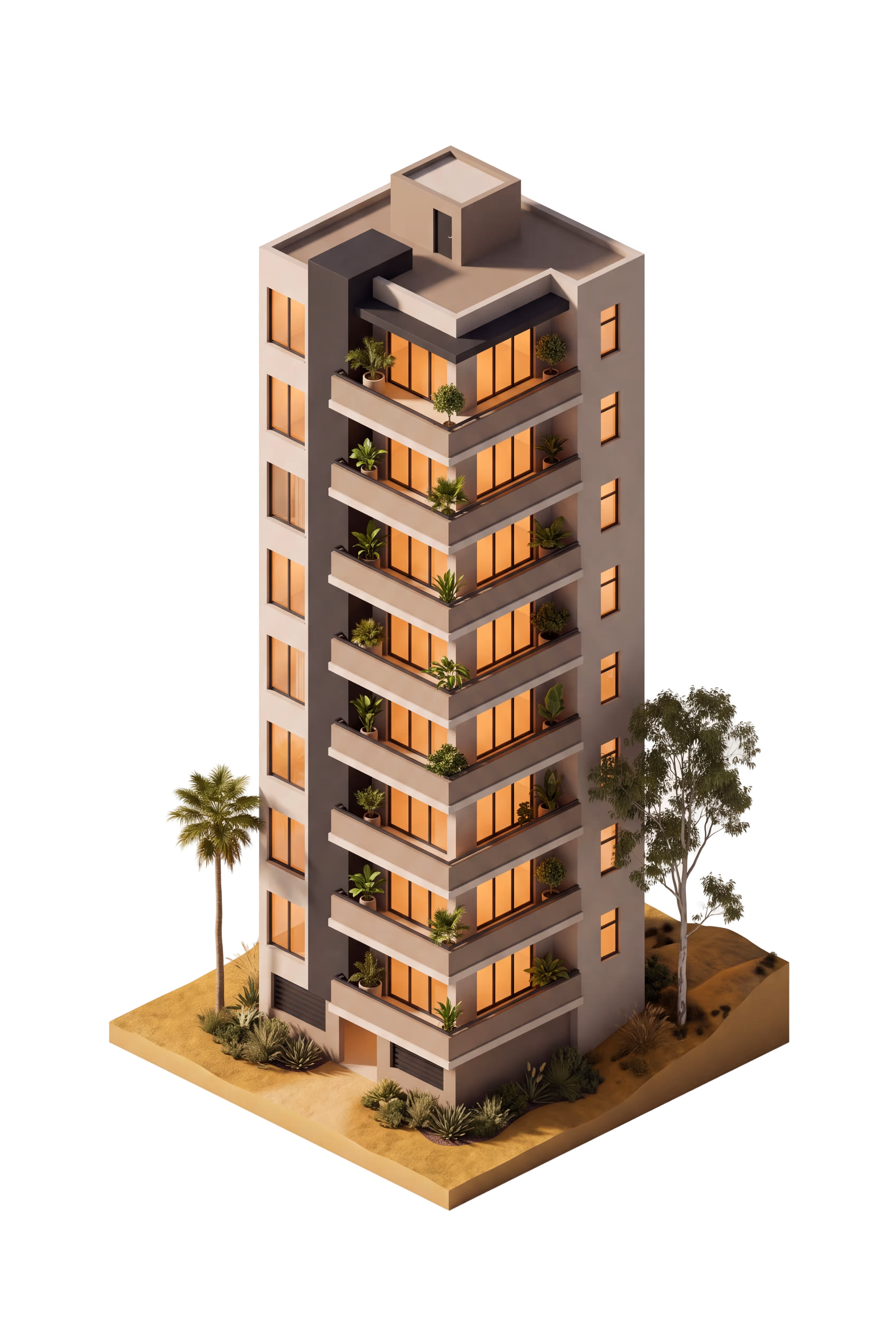 Modern residential community building with balconies and greenery