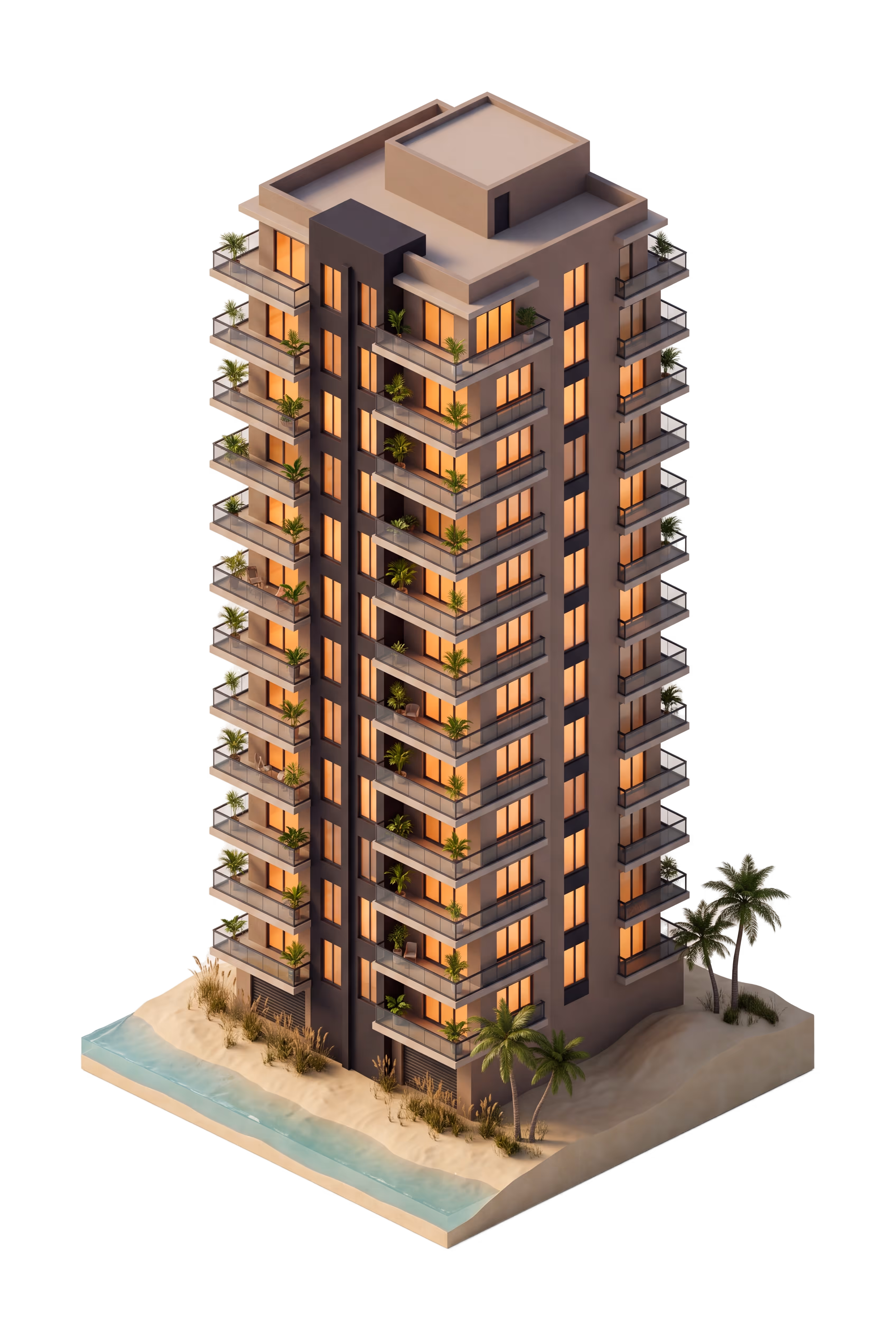 Modern residential community building with balconies and greenery