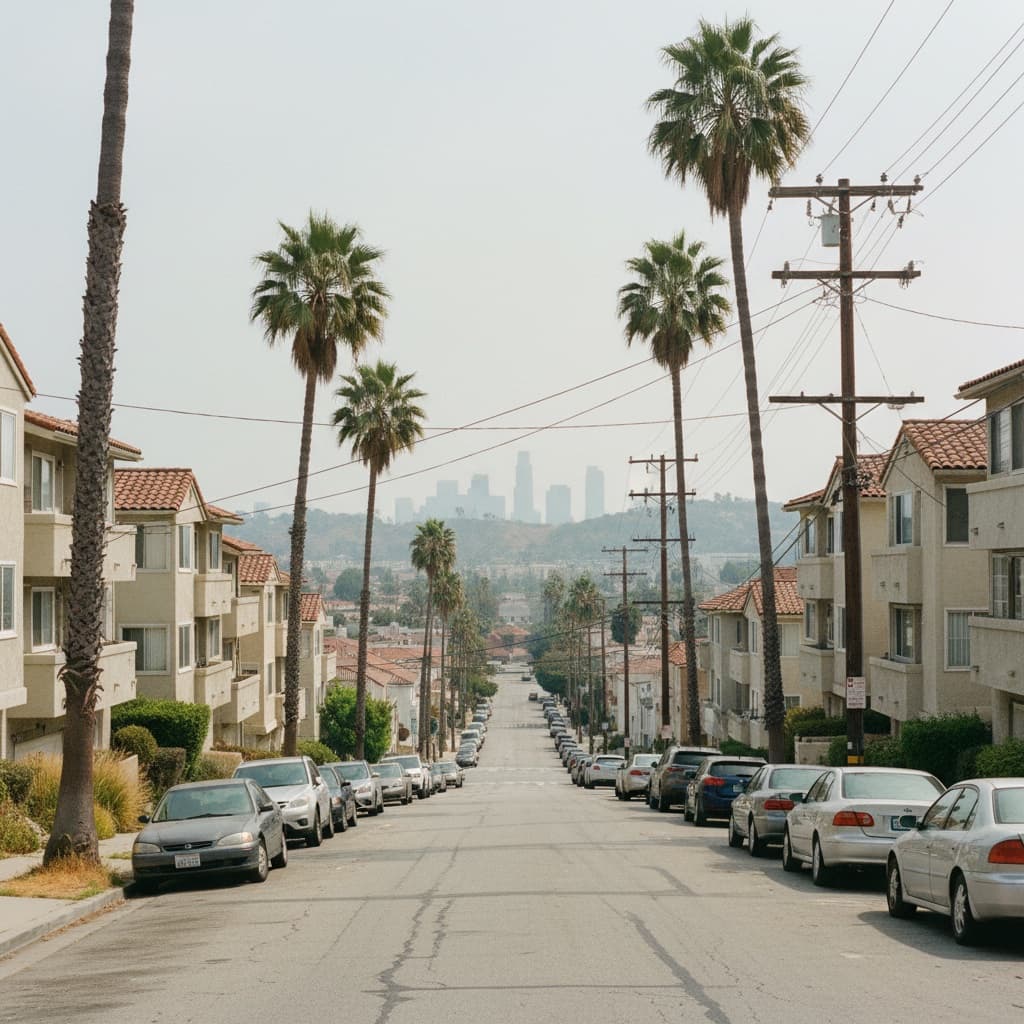Los Angeles residential street with the downtown skyline in the distance