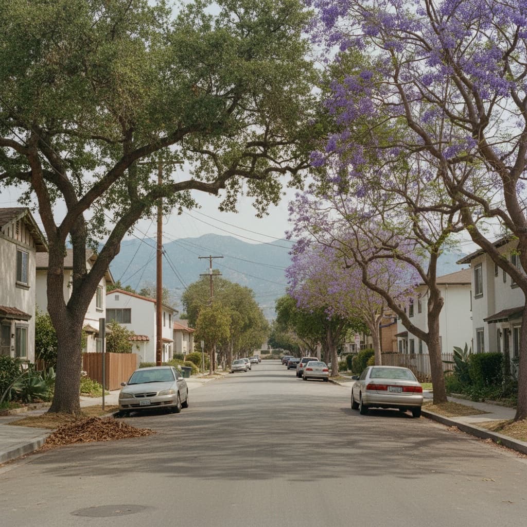 Tree-lined Pasadena residential street with the San Gabriel mountains behind