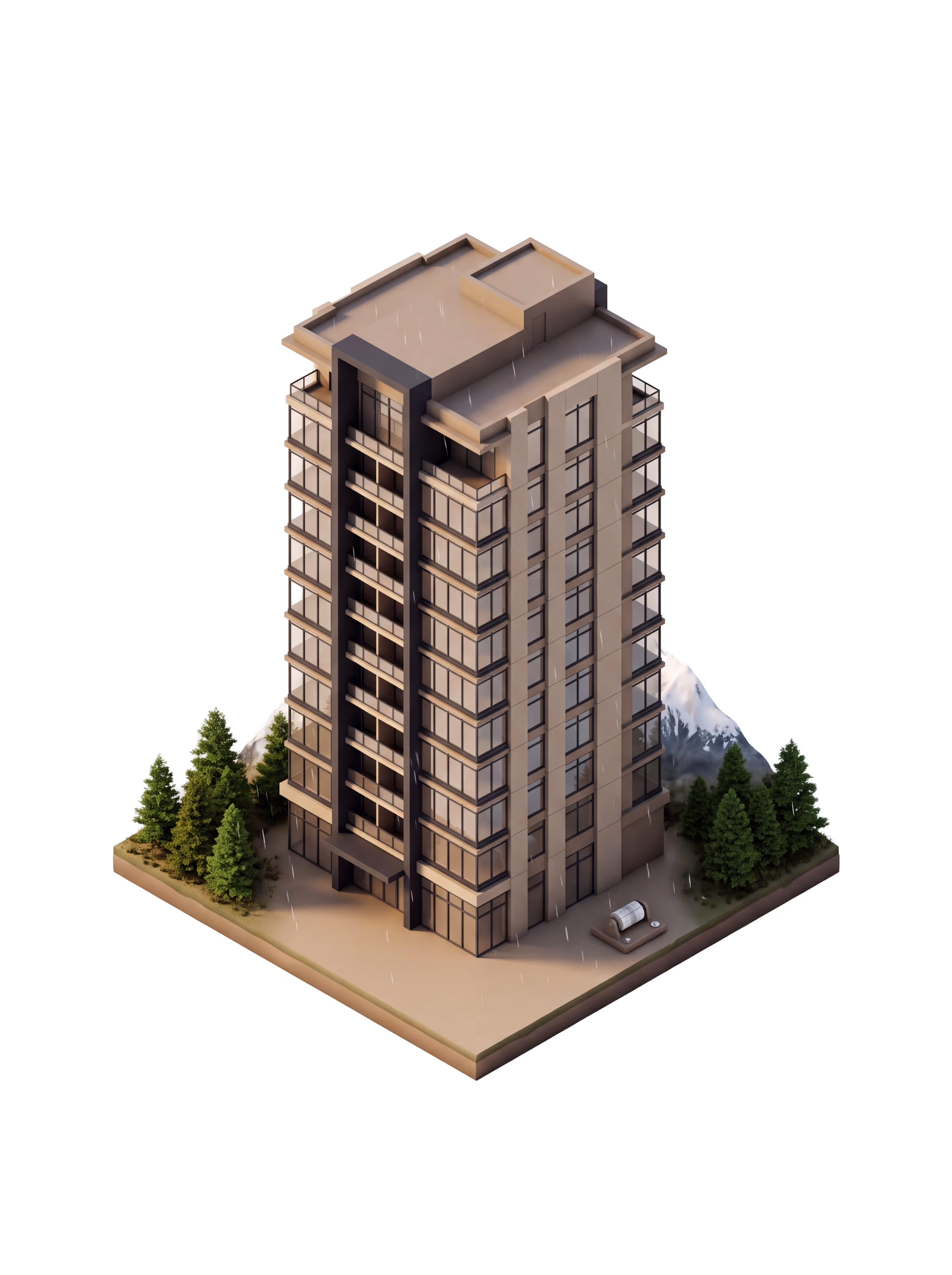 Modern residential community building with balconies and greenery