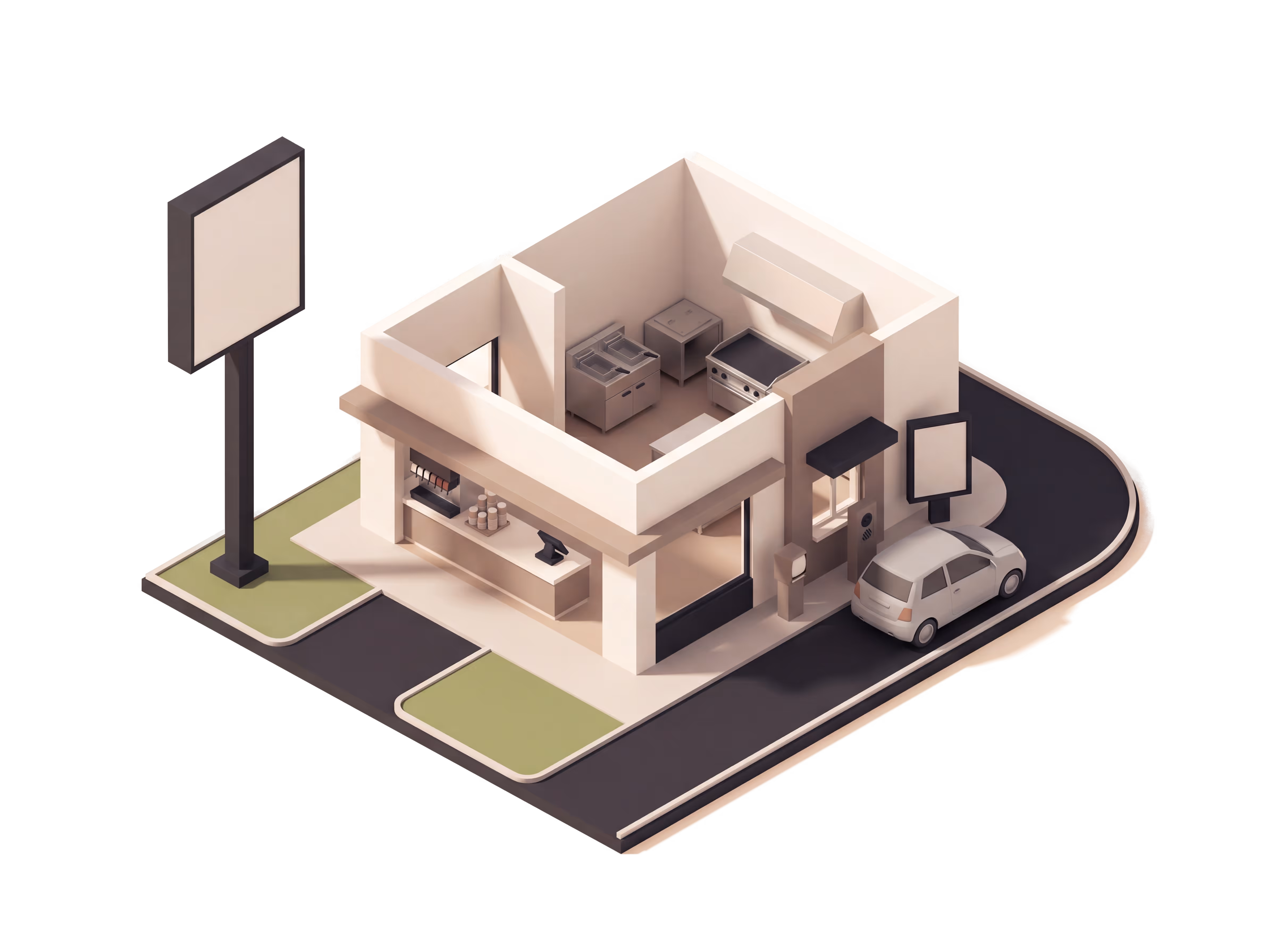 Isometric illustration for Fast Food insurance