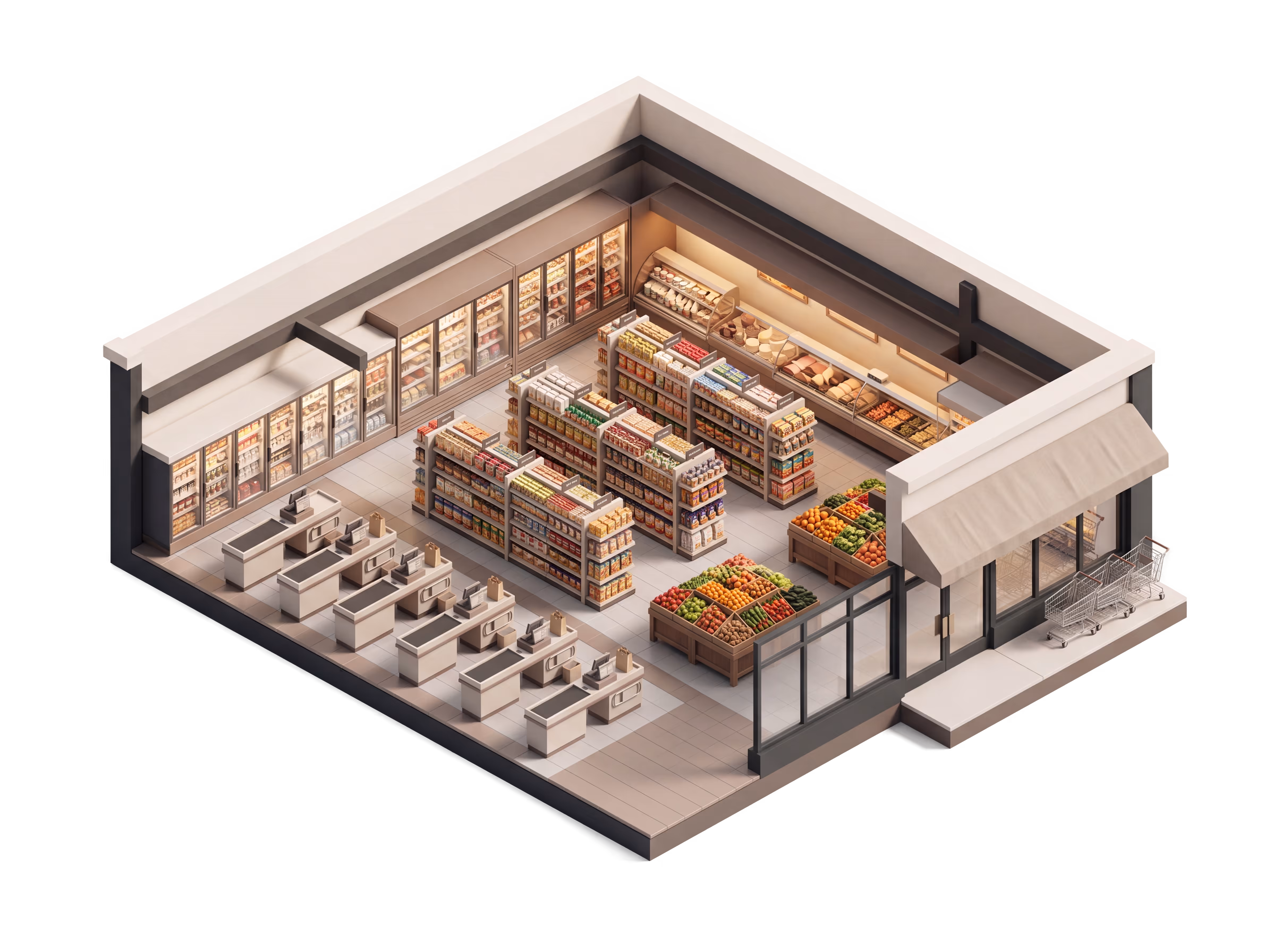 Grocery store interior with stocked produce displays, refrigerated cases, and shoppers moving through the aisles.