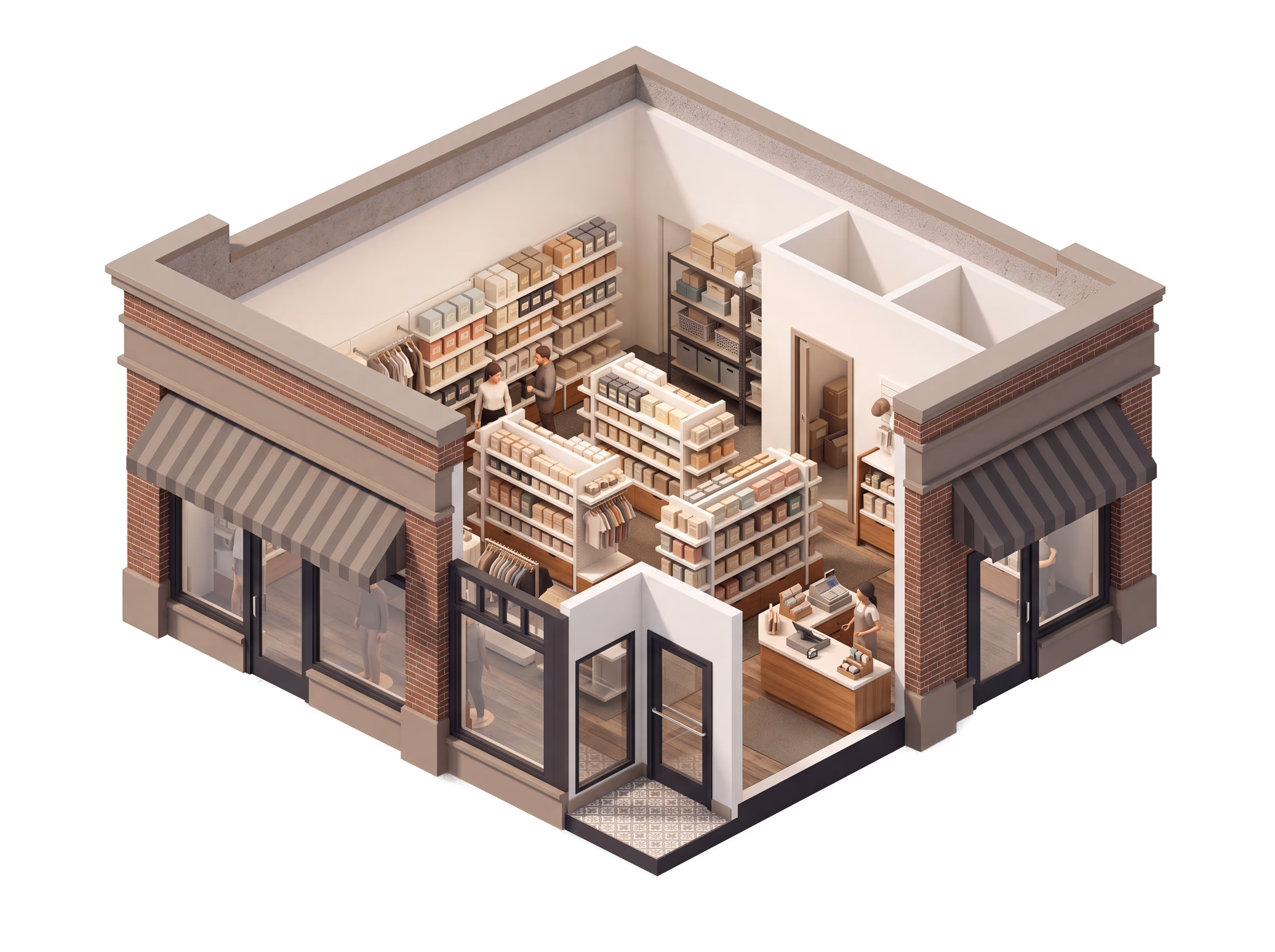 Interior of a busy retail store with stocked shelves, a checkout counter, and customers browsing the sales floor.