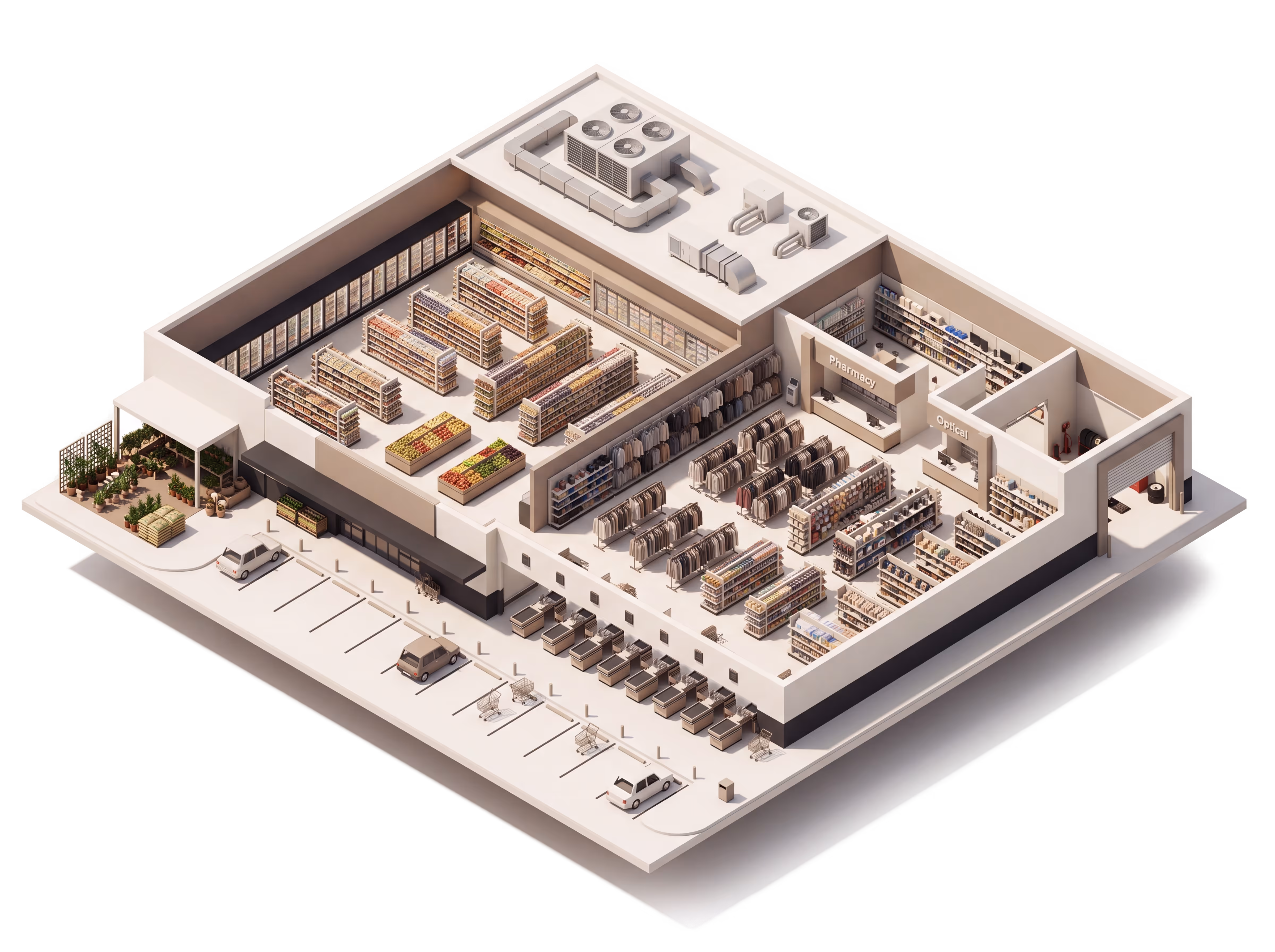 Isometric illustration for Supercenter insurance