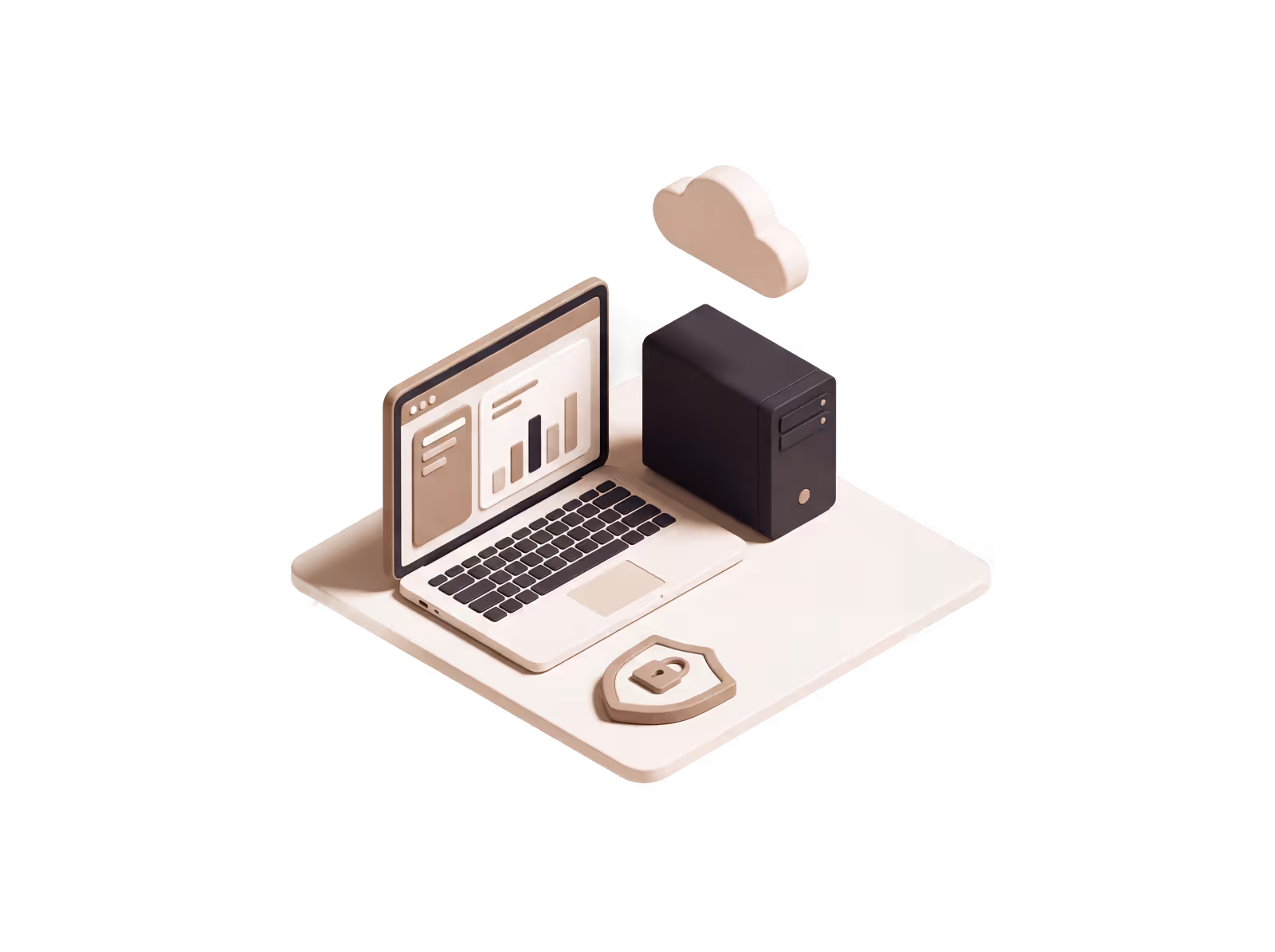 Isometric illustration of a technology company workspace with a laptop dashboard, server, cloud, and a security shield.