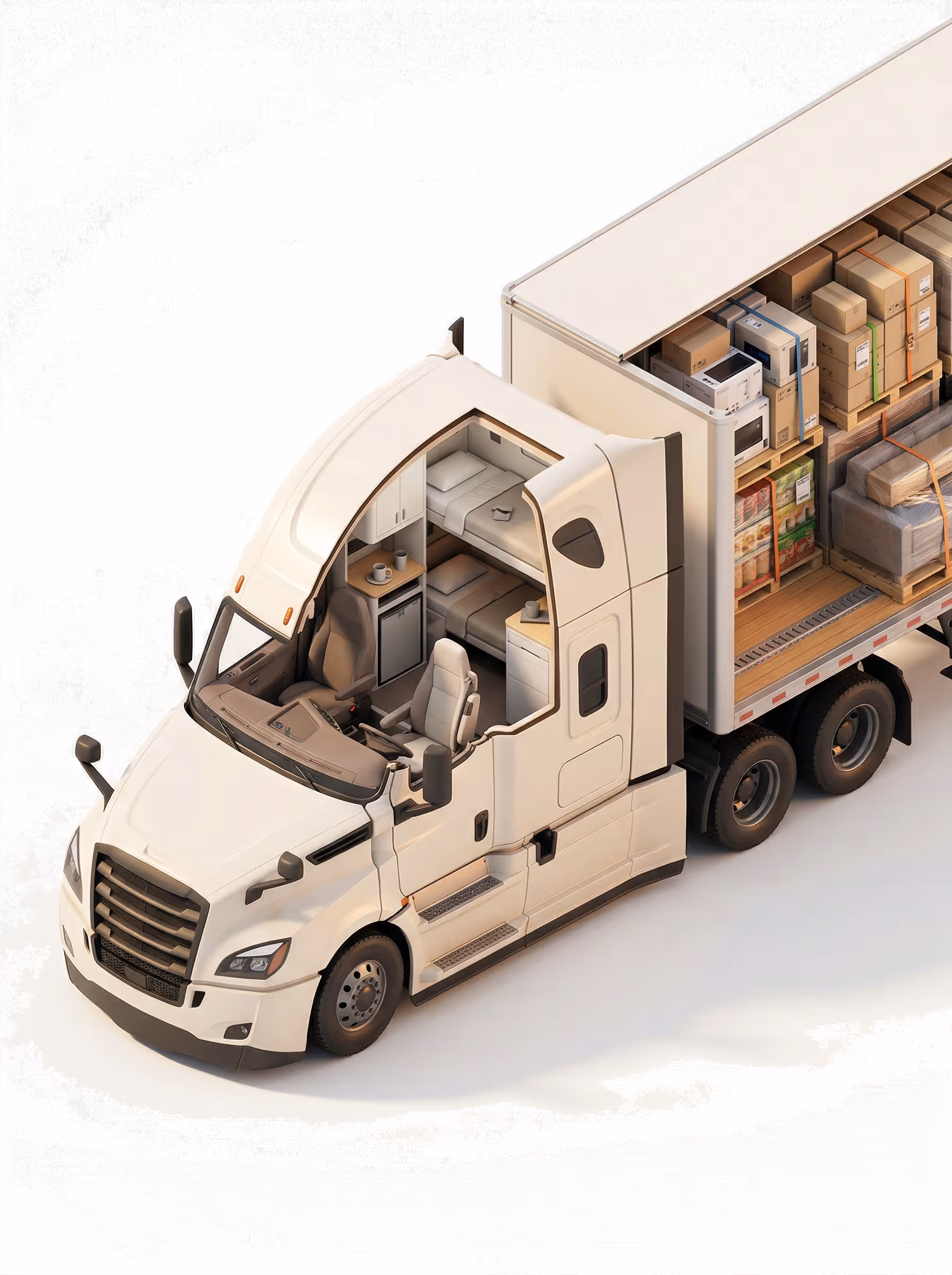 Semi truck driving on an open highway through a sunlit landscape