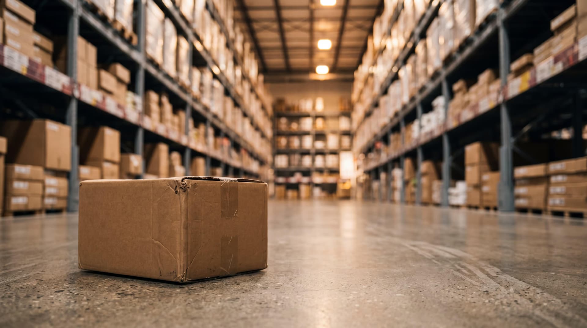 Cardboard shipping box on the floor of a fulfillment warehouse aisle