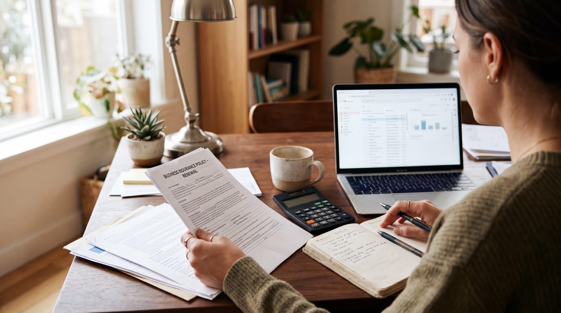 Small business owner reviewing an insurance policy document at a desk with a laptop, notebook, and calculator