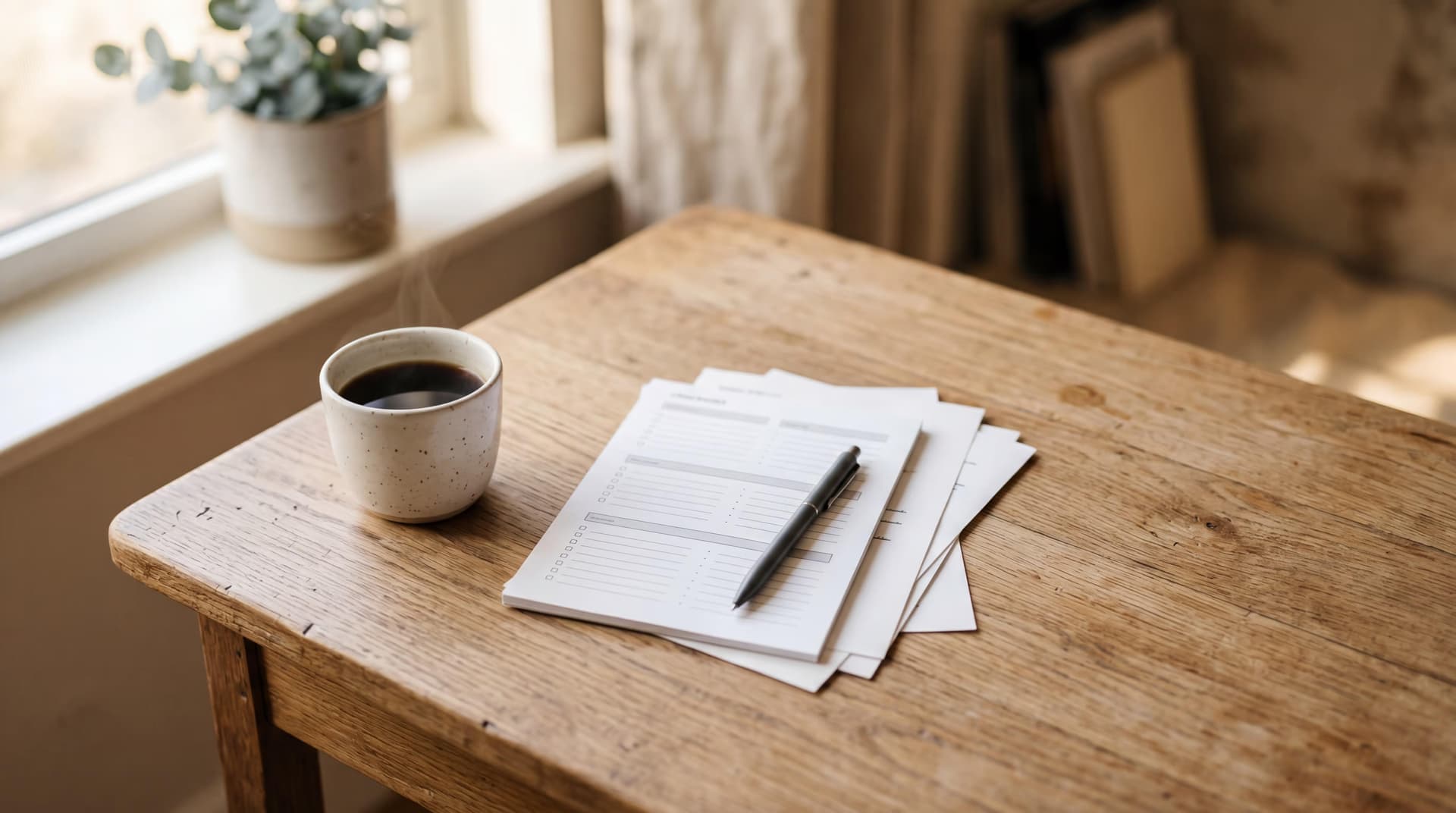 Notebook and pen on a wooden desk with coffee, preparing insurance application paperwork
