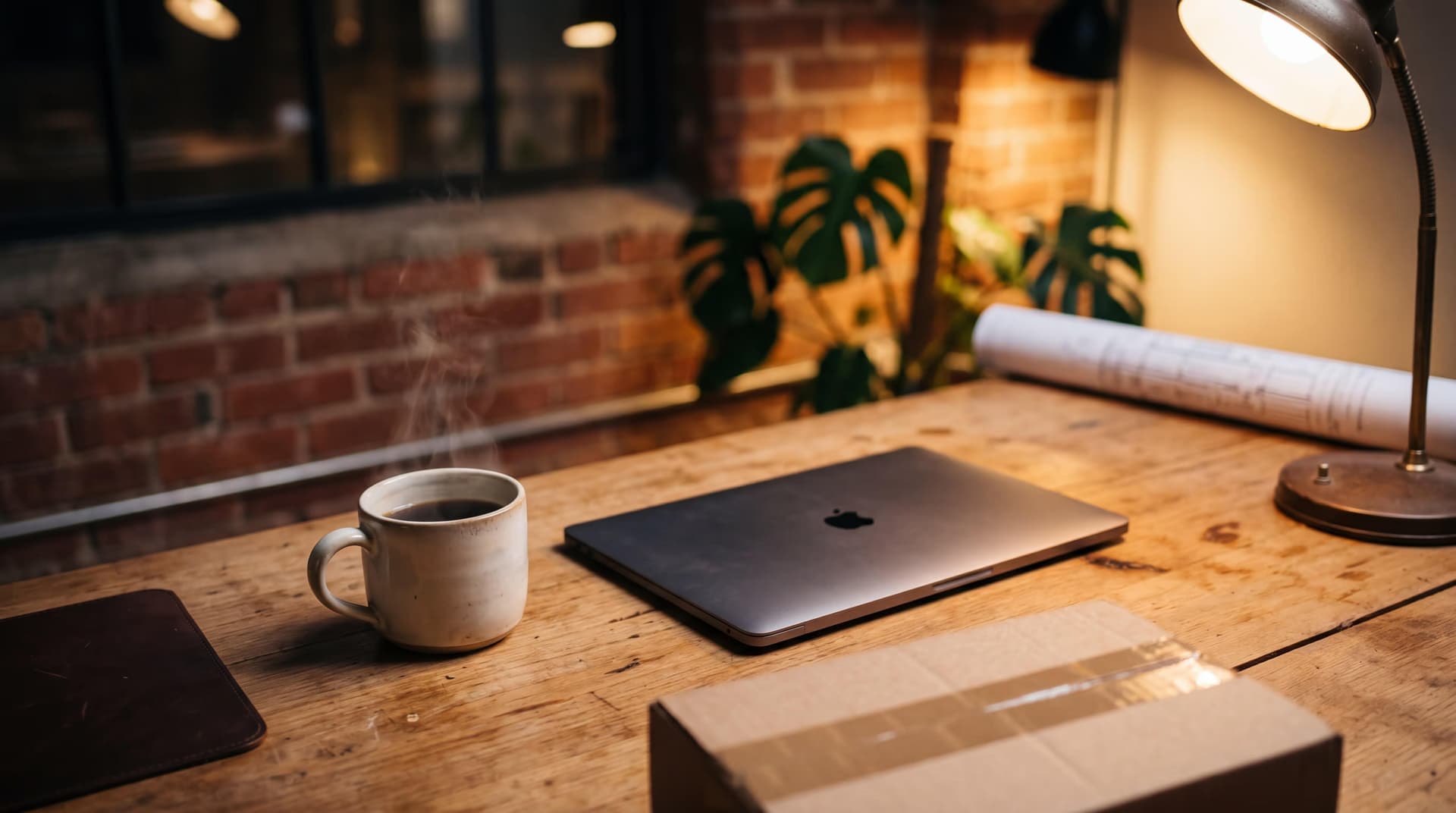 Closed laptop and steaming coffee mug on a wooden desk with a brick wall and warm desk lamp in the background